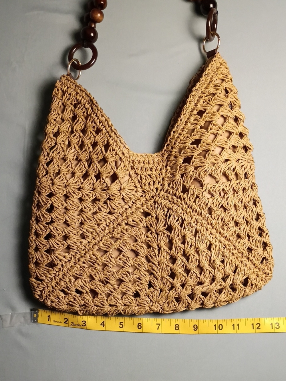 Handcrafted Crochet Shoulder Bag with Beaded Handle - Tan - Picture 4 of 4